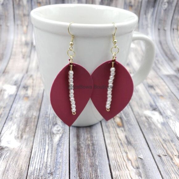 Hand Crafted Jewelry - Fuchsia Drop Leaf beaded Charm Faux Leather Earring  (2)  ER1661  Handmade Bouti